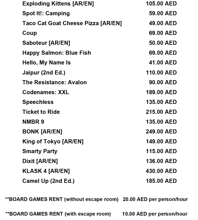 board games pricelist